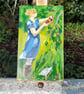 Original painting girl in garden with chicken  - Image 2