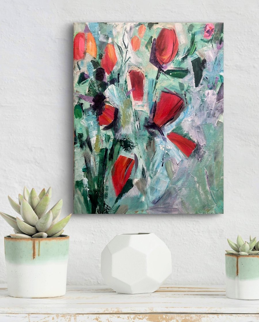 Abstract Floral Original Painting on Canvas, 11x14 inch 