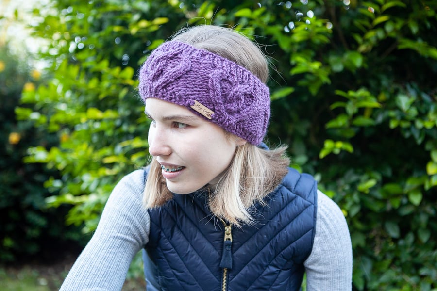 Alpaca cable headband, chunky hand knitted ear warmer in Heather Purple