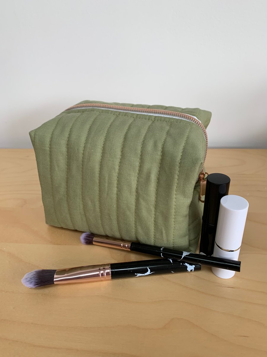 Sage Green Quilted Fabric Box Shape Makeup Bag
