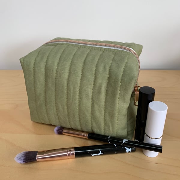 Sage Green Quilted Fabric Box Shape Makeup Bag