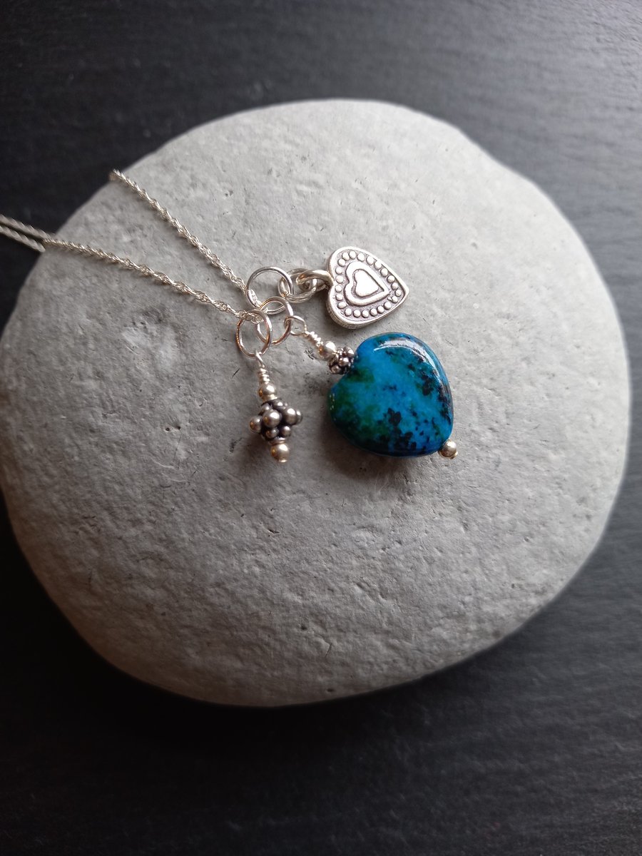 Chrysocolla Heart and Sterling Silver Necklace
