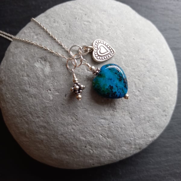 Chrysocolla Heart and Sterling Silver Necklace
