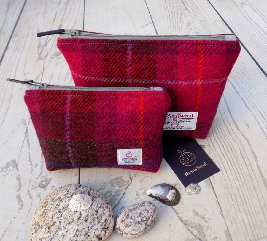 Harris Tweed gift set. Large and small make-up bags in cerise, brown and purple