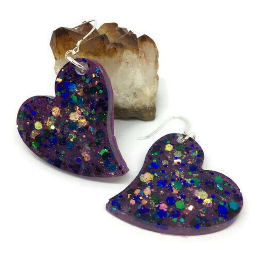 Purple glitter heart dangle statement earrings on sterling silver ear wires