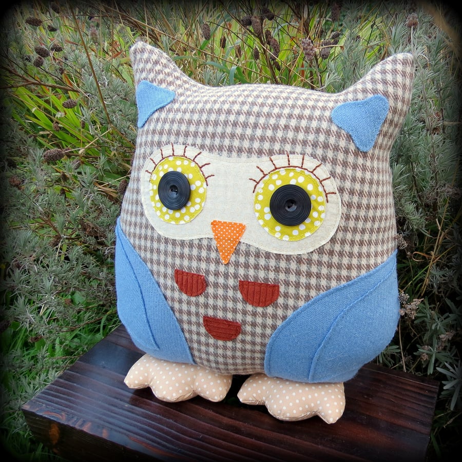 Prudence, a large woollen tweed owl cushion.  35cm tall.