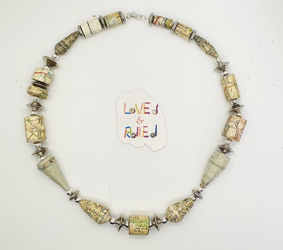 Paper beaded necklace made with an old OS map of Cornwall