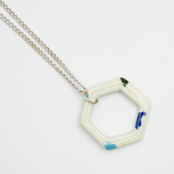 Terrazzo Ceramic Hexagon Pendent Necklace on Silver Chain . Elegant Necklace