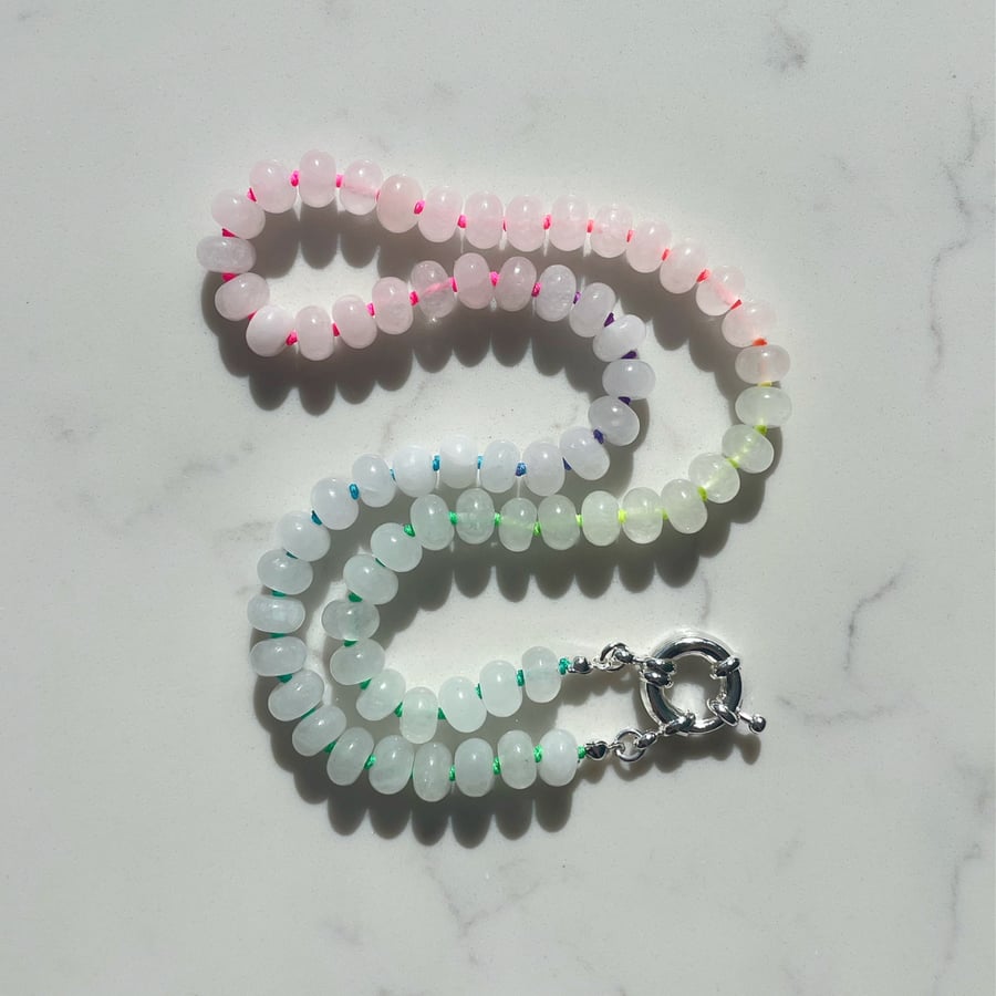 Natural White Jade & Neon Hand Knotted Beaded Necklace