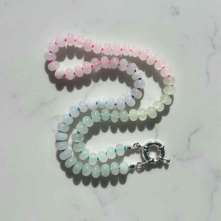 Natural White Jade & Neon Hand Knotted Beaded Necklace