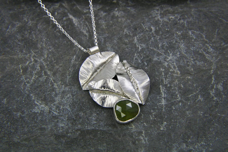 Green Sapphire and Sterling Silver Fold Formed Leaf Trip Long Statement Pendant