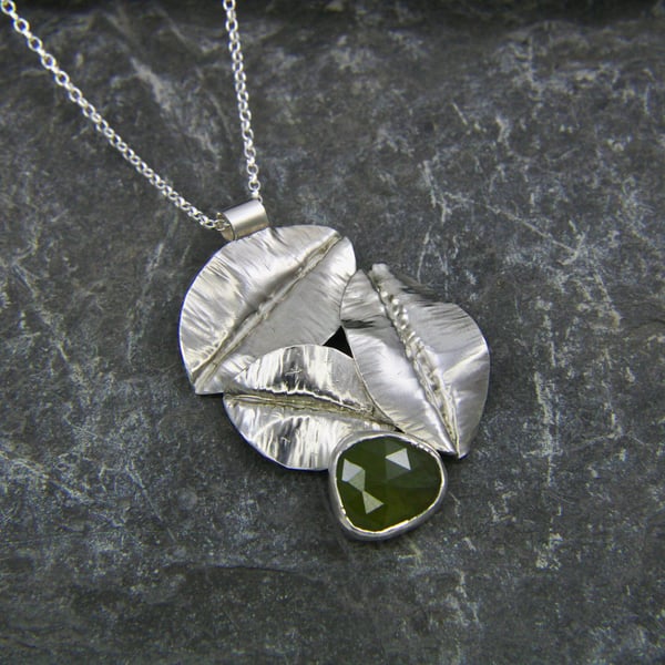 Green Sapphire and Sterling Silver Fold Formed Leaf Trip Long Statement Pendant