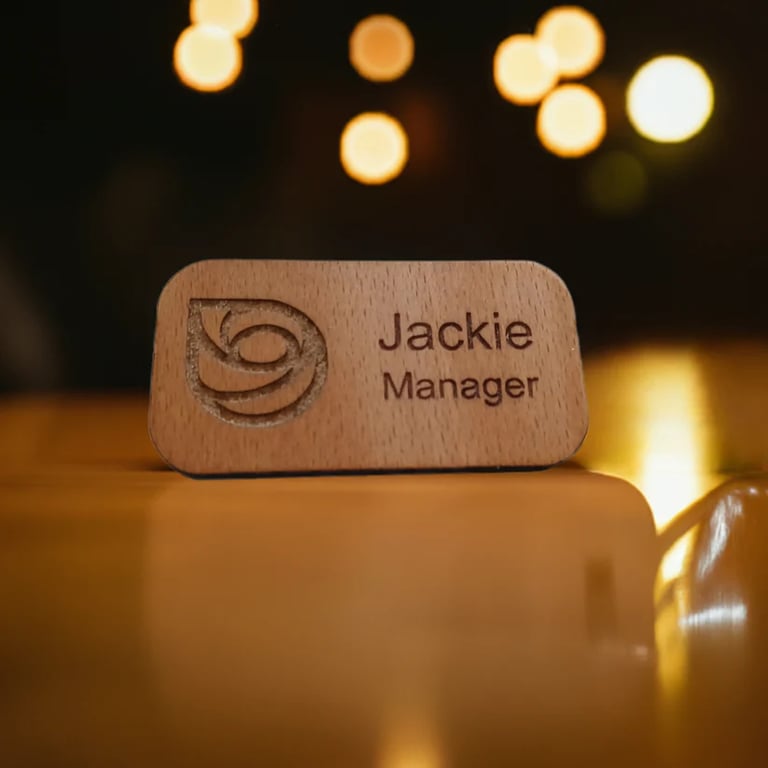 Personalised Staff ID Wood Badges.40mm x 75mm x 4mm Pin Fastener. (5 Badges)