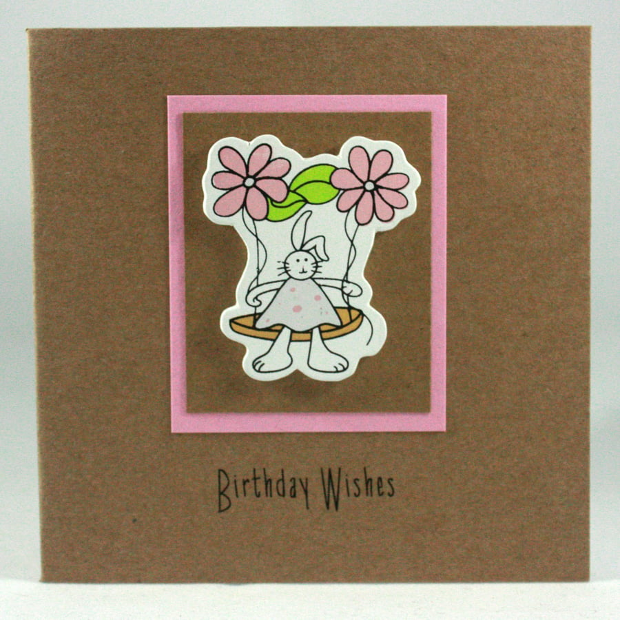 Small kraft birthday card - bunny on a swing