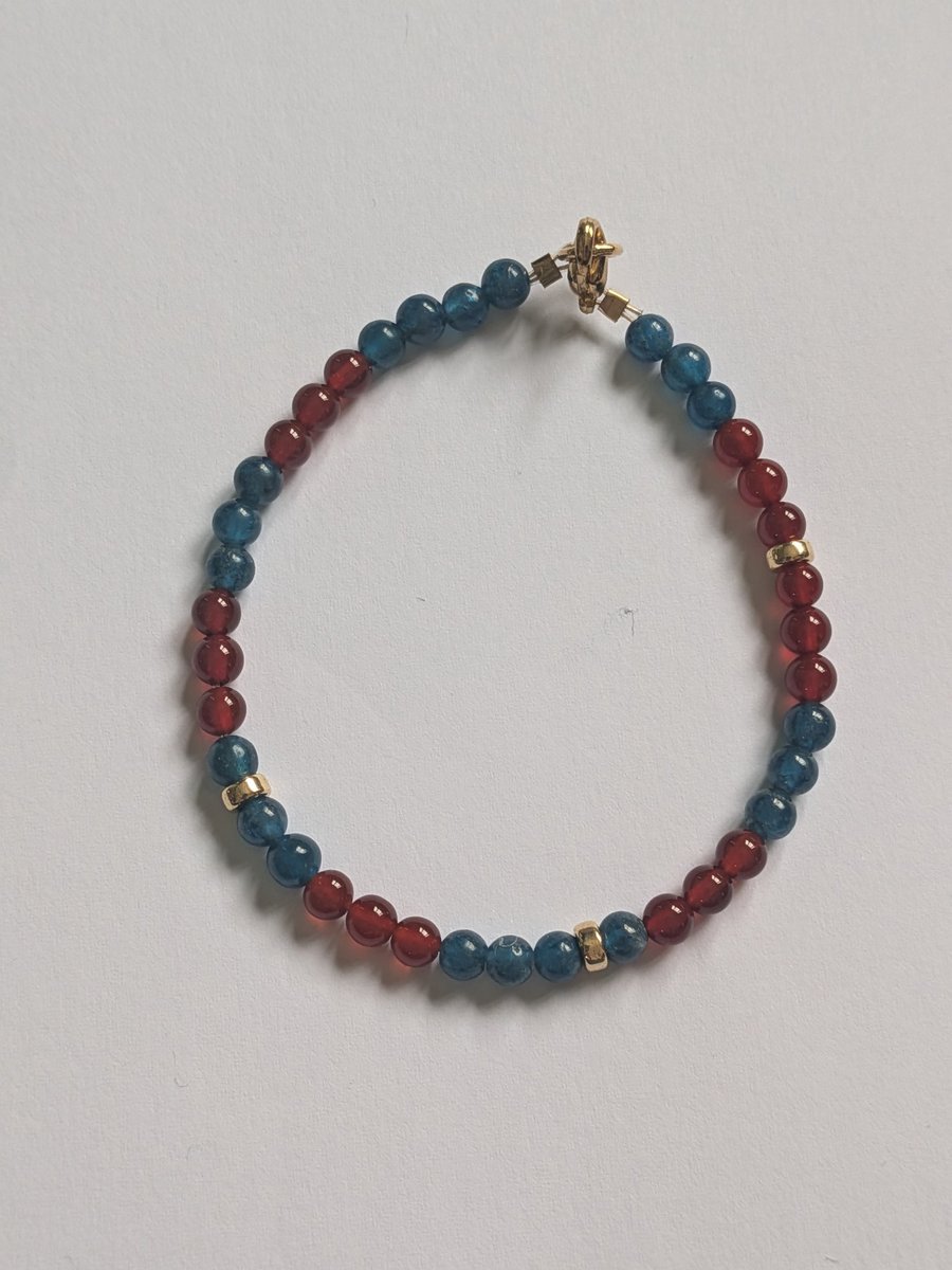 Semi Precious Red Agate and Apatite Gold Filled Beaded Bracelet