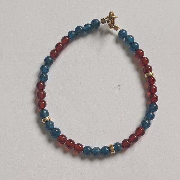 Semi Precious Red Agate and Apatite Gold Filled Beaded Bracelet