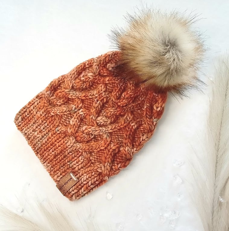 Hand Knit Beanie Hat in luxury Merino Wool. With removable faux fur pom.