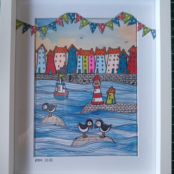 Quirky, whimsical, coastal art, original 10 x 8 " framed illustration picture