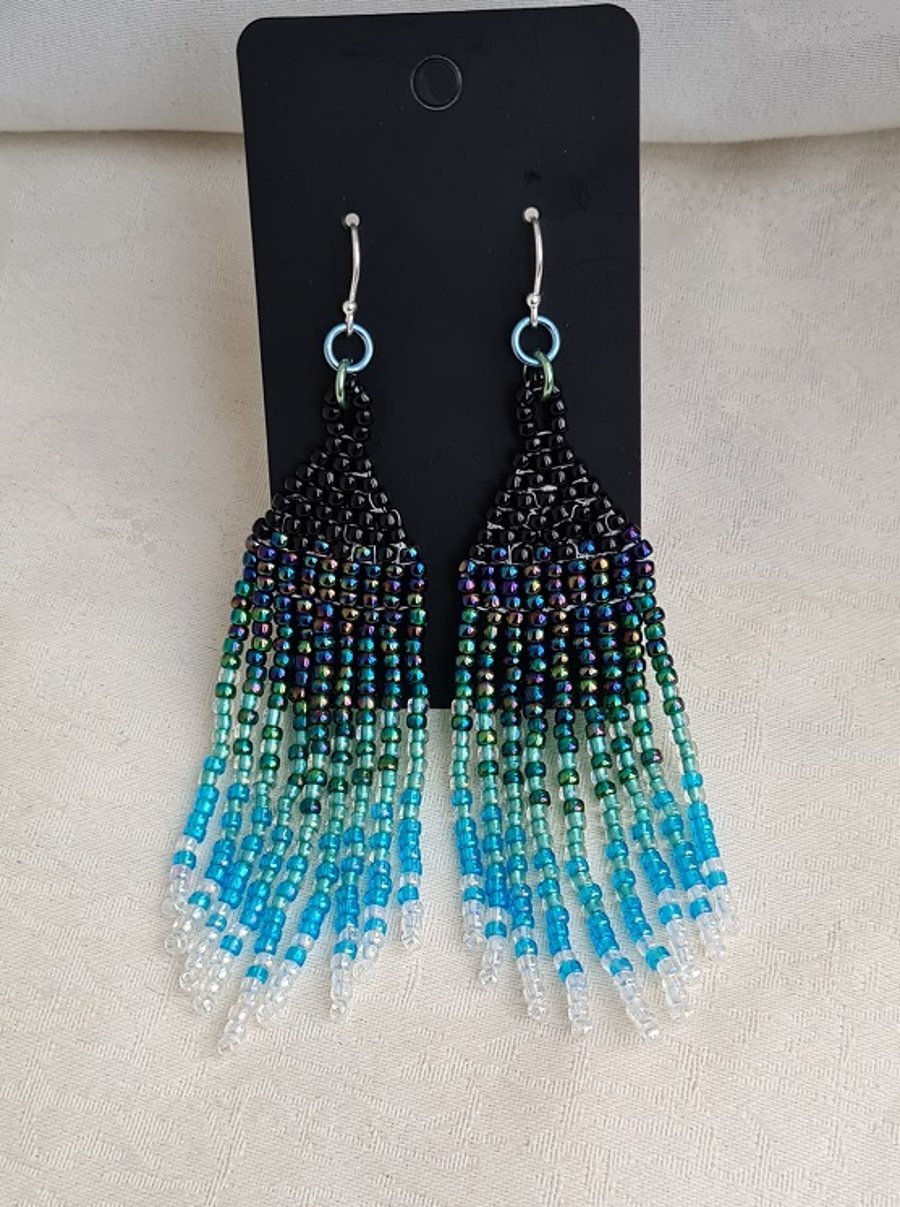 Blue and Green Beady Dangly Earrings - Sterling Silver Ear Hooks