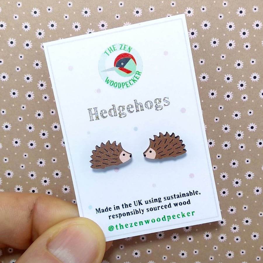 Hedgehog Earrings, Wooden Animal Studs, Silver Plated or Sterling Silver Backs