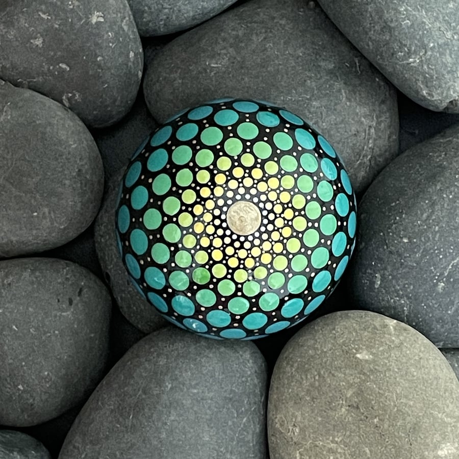 Yellow Green Mandala Painted Rock Art Stone Acrylic Art Painting Hand Painted 