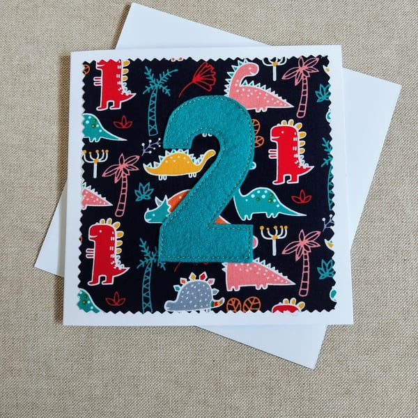 2nd birthday card dinosaur fabric 