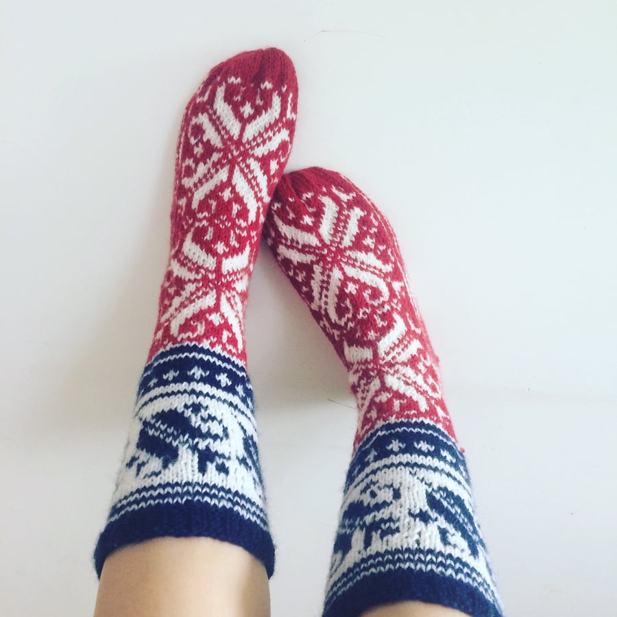 Hand Knitted Wool Socks Blue Red White Norwegian Floral Fair Isle Christmas 