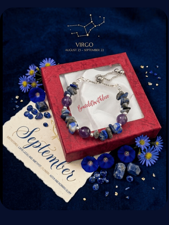 September Birthstone Bracelet, Lapis Lazuli and Amethyst 
