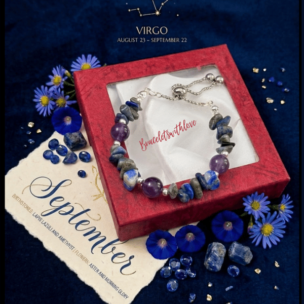 September Birthstone Bracelet, Lapis Lazuli and Amethyst 