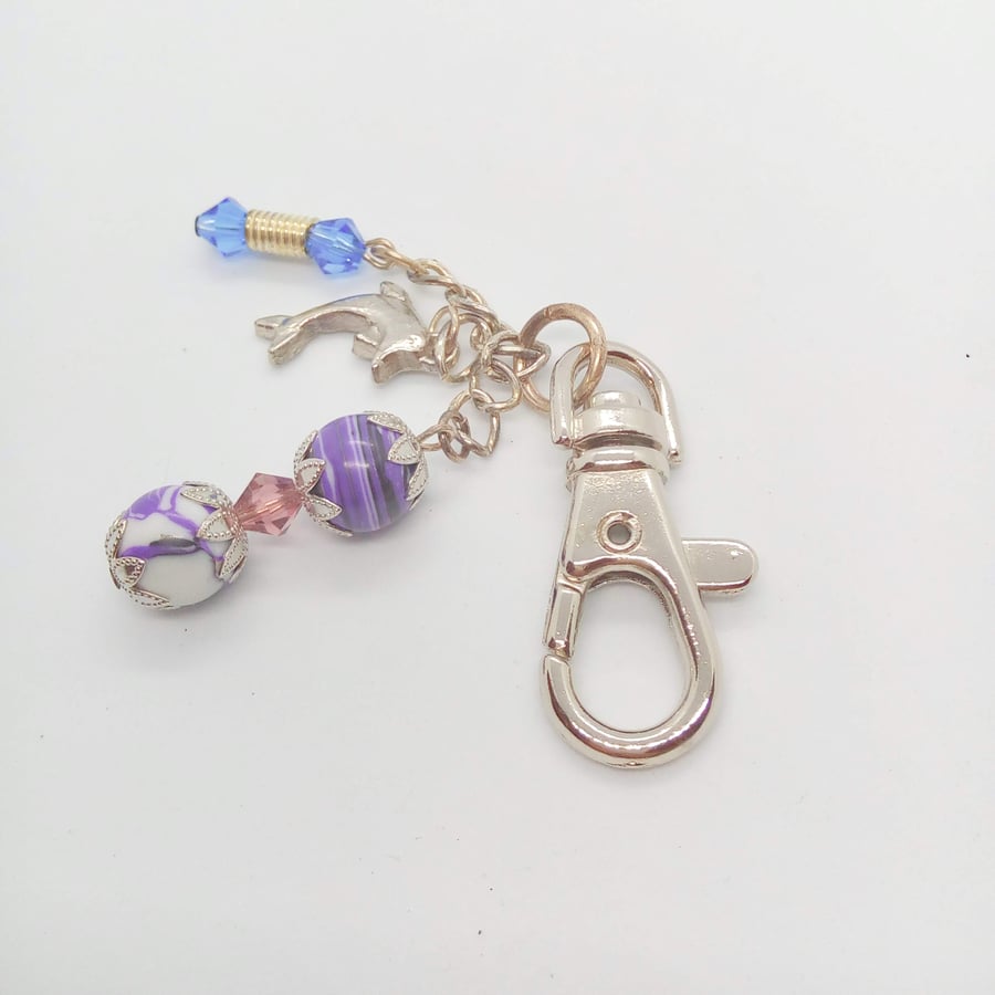 Beaded Silver Bag Charm with Purple Agate Blue Crystal & a Silver Dolphin Charm