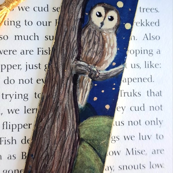 Hand Painted Artisan Bookmark Owl In A Tree One Of A Kind Orignal Art Bookmark