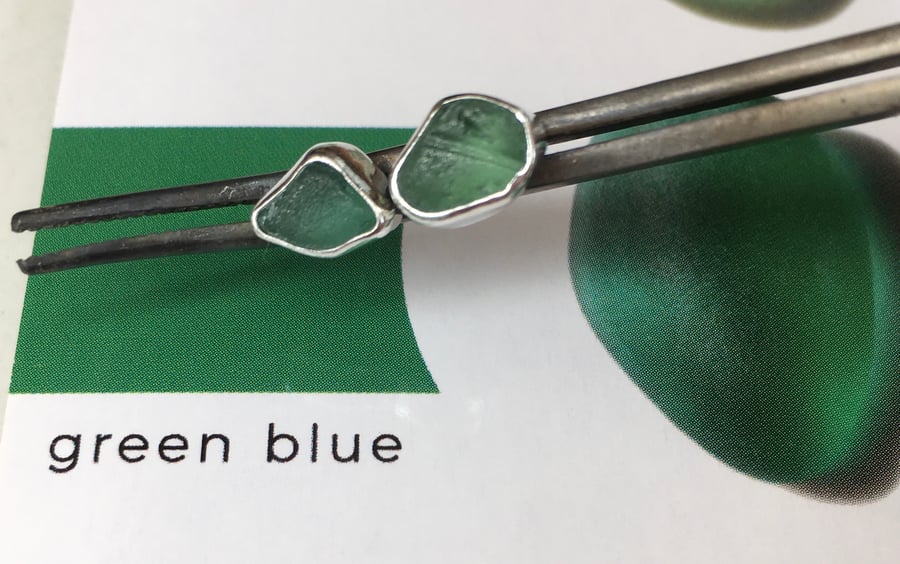 Welsh Handmade Green-Blue Sea Glass & Silver Stud Earrings