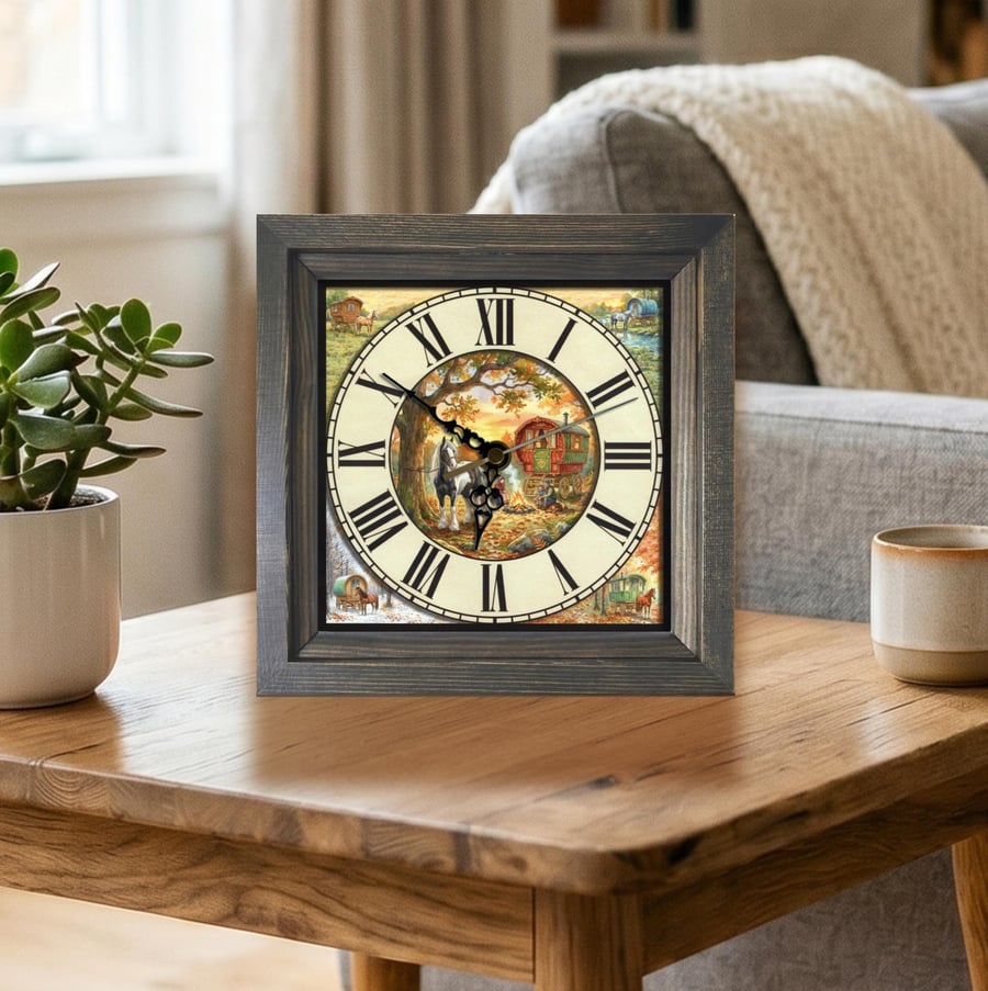 Vintage Style Gypsy Caravan & Horse Square Wooden Wall Clock -Handmade 8x8 