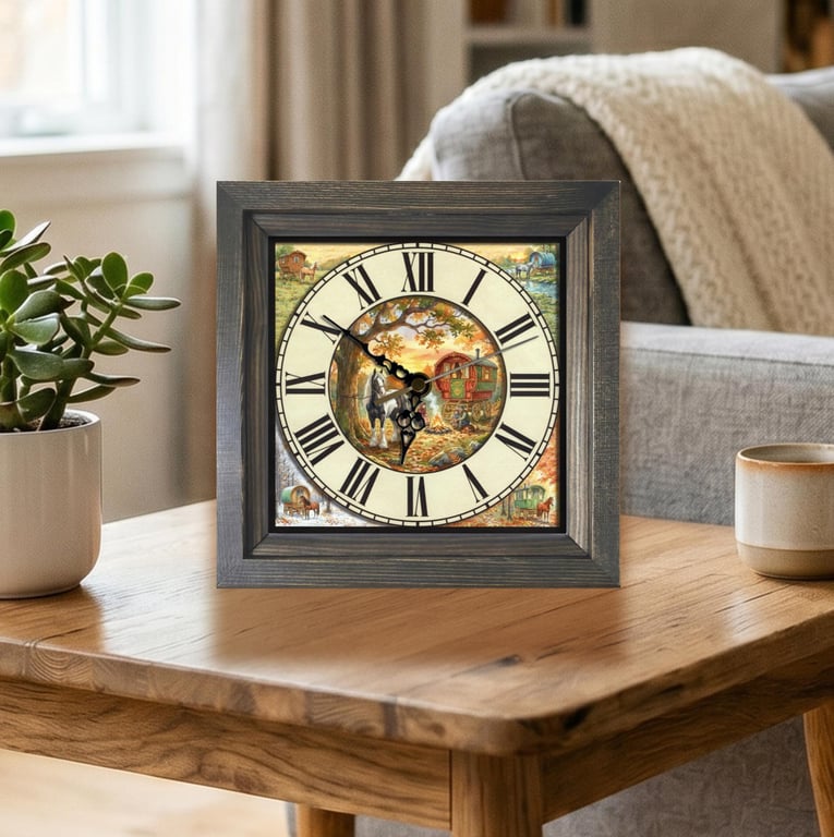 Vintage Style Gypsy Caravan & Horse Square Wooden Wall Clock -Handmade 8x8 