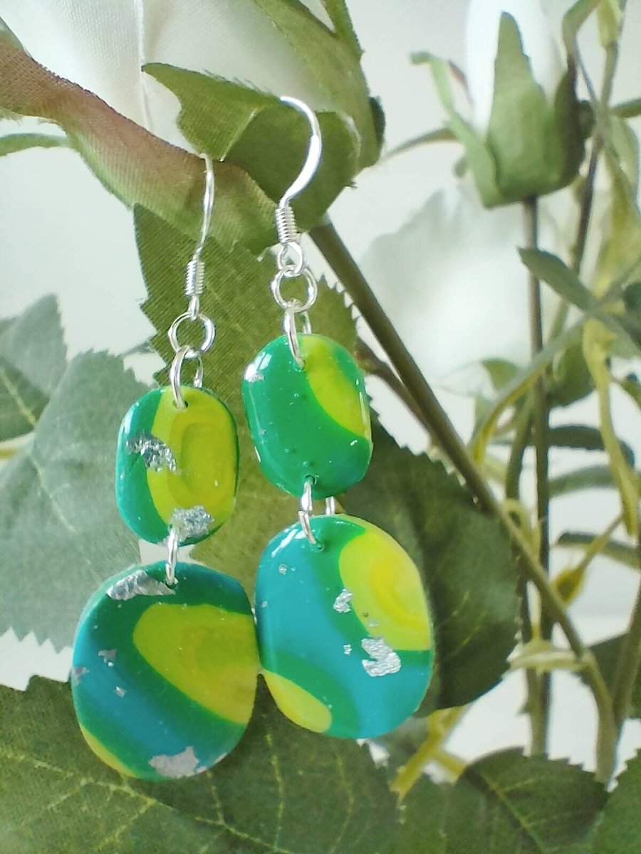 Two Tier Green and Blue Polymer Clay Earrings