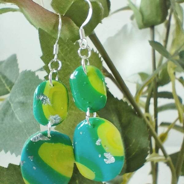 Two Tier Green and Blue Polymer Clay Earrings