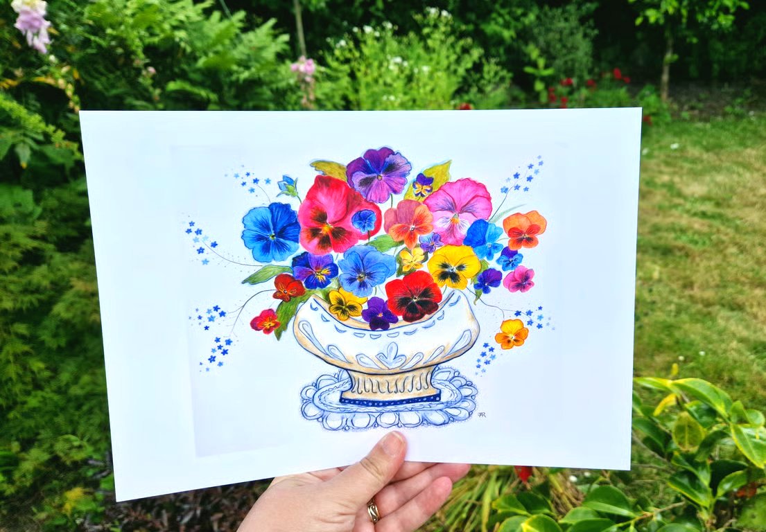 Bowl of Pansies,  print from original artwork. A3, A4 available. 