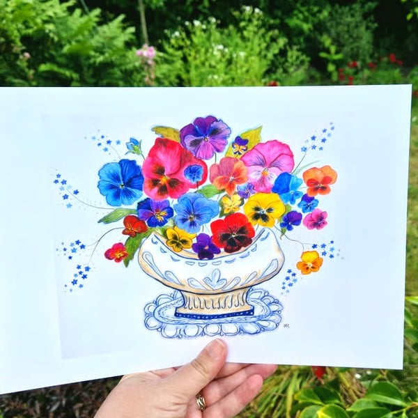 Bowl of Pansies,  print from original artwork. A3, A4 available. 
