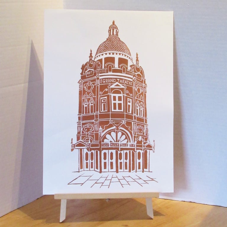 Lino print original of the entrance to the Grand Theatre in Blackpool.