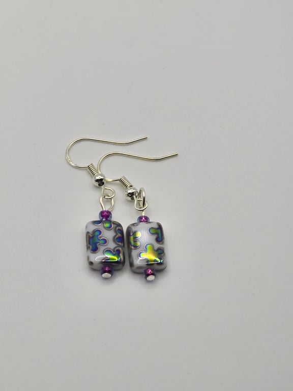 White alabaster rectangle czech glass earrings