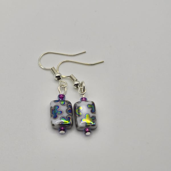 White alabaster rectangle czech glass earrings