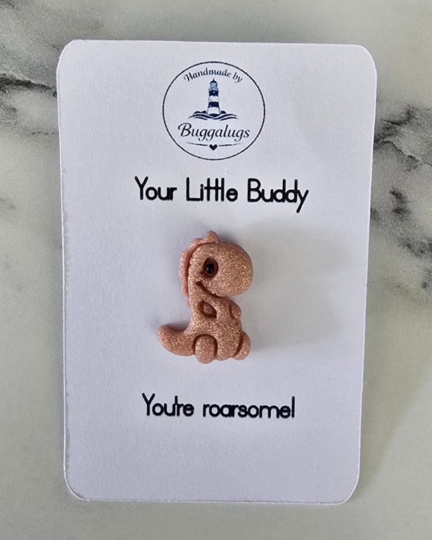 Handmade Dino Buddy dusky pink glitter  badge - Gift for yourself or a loved one