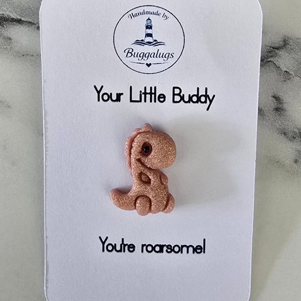 Handmade Dino Buddy dusky pink glitter  badge - Gift for yourself or a loved one