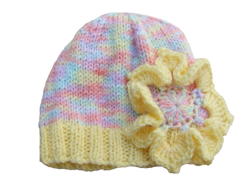 Hand-Knitted Baby Hat, Newborn to 3 Months, Pastel Baby Beanie, Flower Applique 