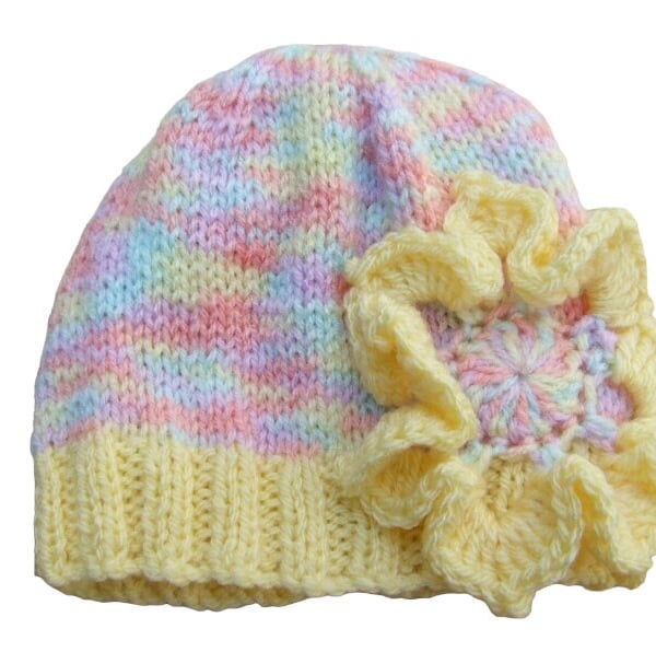 Hand-Knitted Baby Hat, Newborn to 3 Months, Pastel Baby Beanie, Flower Applique 