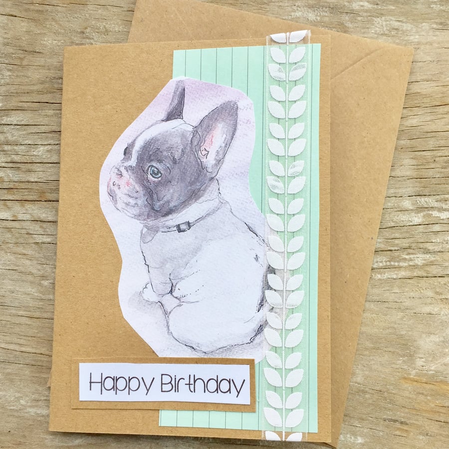 handmade recycled paper card (item no 229) frenchie, happy birthday