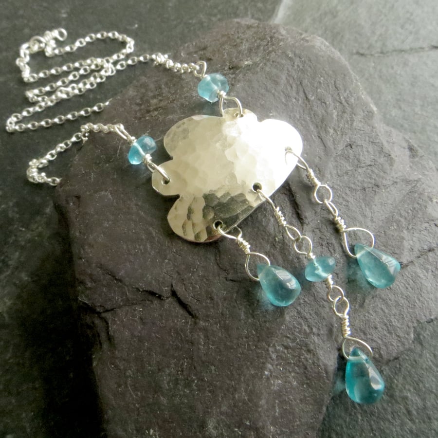 Sterling Silver Cloud Necklace with Apatite Raindrops