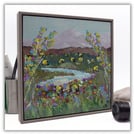 A framed original acrylic painting - wildflowers - river - Scottish landscape