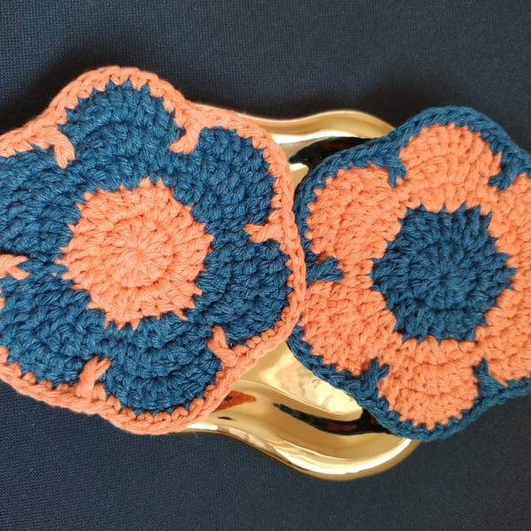 Flower coaster set - orange & navy 