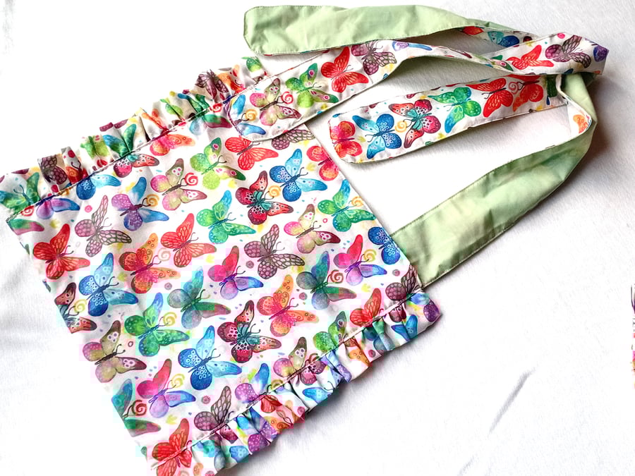 BUTTERFLIES theme, multicoloured, MEDIUM lined shoulder bag with side Ruffles